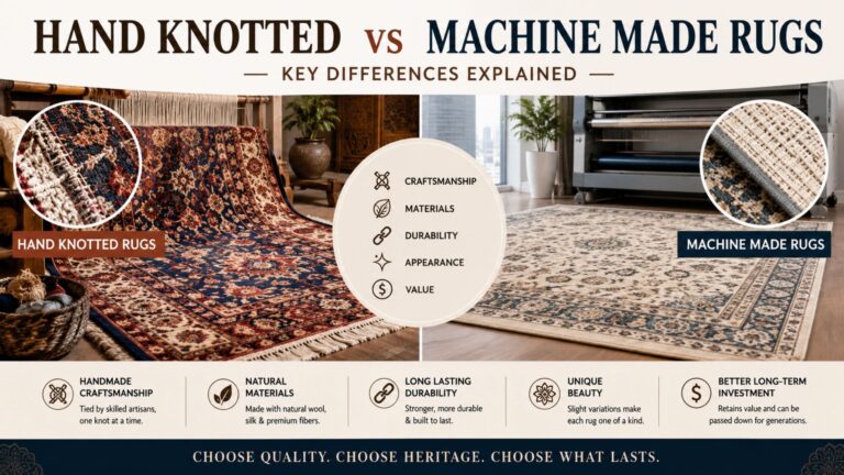 Comparison infographic showing hand-knotted rugs vs machine-made rugs, highlighting differences in craftsmanship, materials, durability, appearance, and long-term value.