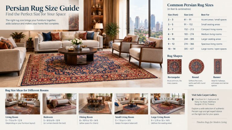 Persian rug size guide showing a Persian rug placed proportionately in a living room
