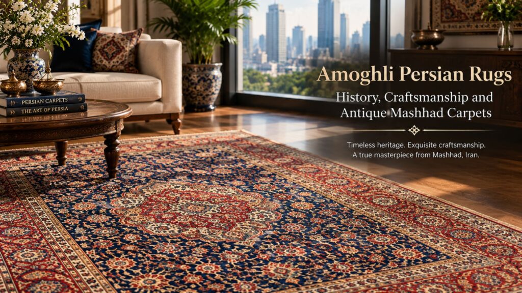 Amoghli Persian rug with intricate floral patterns in a luxury living room