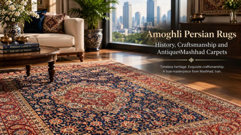 Amoghli Persian rug with intricate floral patterns in a luxury living room